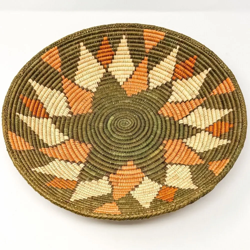 Woven Raffia Basket with Sun Motif in Orange and Green